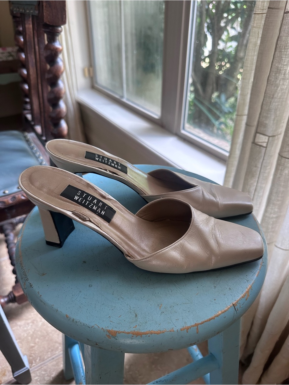Stuart Weitzman Taupe Leather Square-Toe Mules